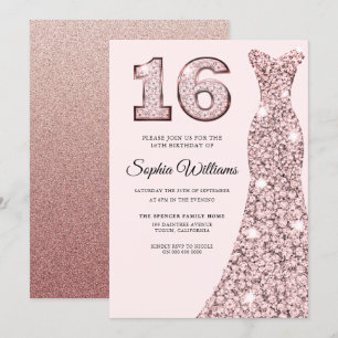 Rose Gold Bluish Dress 16th Birthday Sweet 16 Invitation