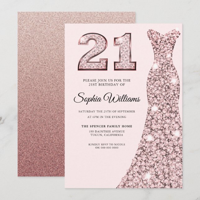 Rose Gold Bluish Dress 21st Birthday Party Invitation (Front/Back)
