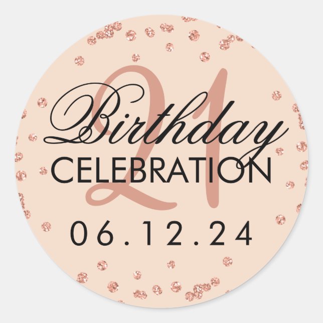 Rose Gold Blush 21st Birthday Glitter Confetti Classic Round Sticker (Front)
