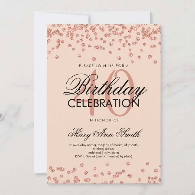 Rose Gold Blush 40th Birthday Glitter Confetti Invitation (Front)