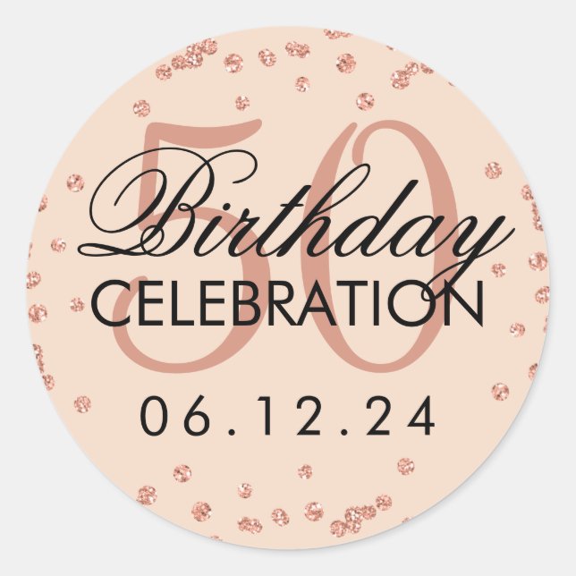 Rose Gold Blush 50th Birthday Glitter Confetti Classic Round Sticker (Front)