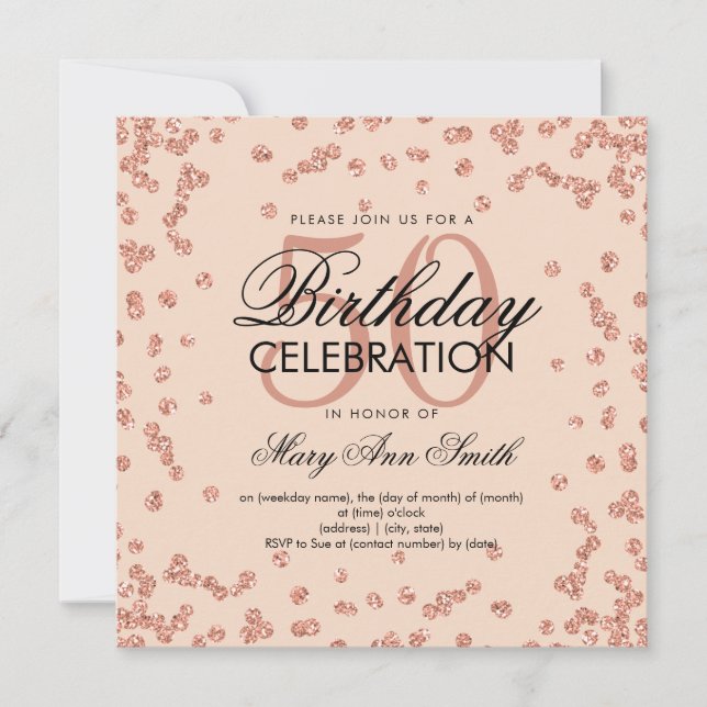 Rose Gold Blush 50th Birthday Glitter Confetti Invitation (Front)