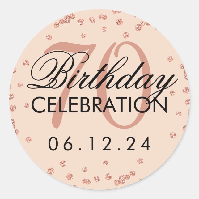 Rose Gold Blush 70th Birthday Glitter Confetti Classic Round Sticker (Front)