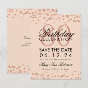Rose Gold Blush 80th Birthday Save Date Confetti Invitation