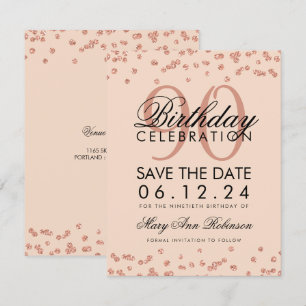 Rose Gold Blush 90th Birthday Save Date Confetti Invitation