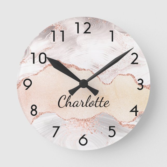 Rose gold blush agate marble name elegant round clock (Front)