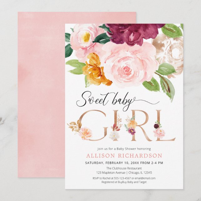 Rose gold blush burgundy floral girl baby shower invitation (Front/Back)