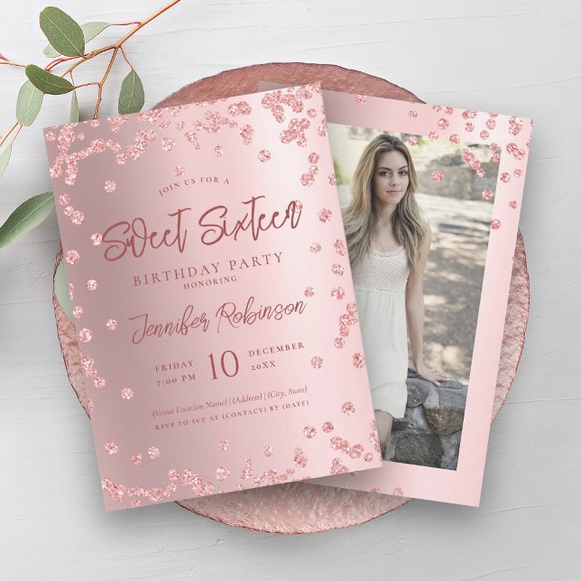Rose Gold Blush Chic Glitter Photo Sweet 16   Invitation (Rose Gold Blush Chic Glitter Photo Sweet 16 Invitation)