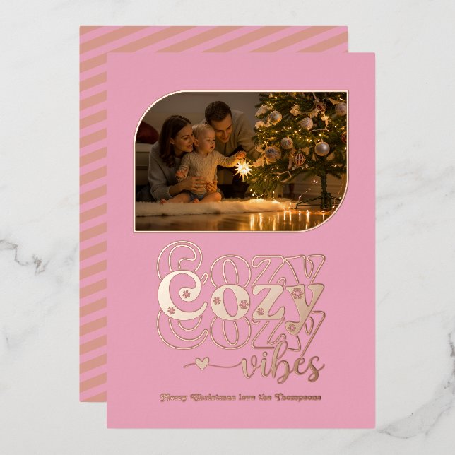Rose Gold & Blush Cosy Vibes Retro Christmas Photo Foil Holiday Card (Front/Back)