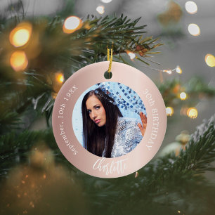 Rose gold blush custom photo birthday ceramic tree decoration