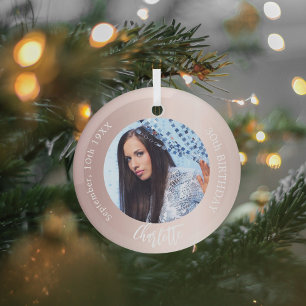 Rose gold blush custom photo birthday glass tree decoration