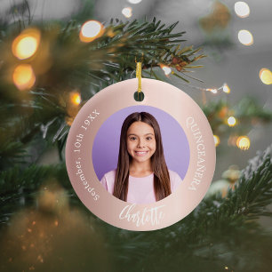Rose gold blush custom photo Quinceanera Ceramic Tree Decoration