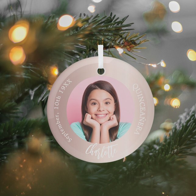 Rose gold blush custom photo Quinceanera Glass Tree Decoration (Creator Uploaded)