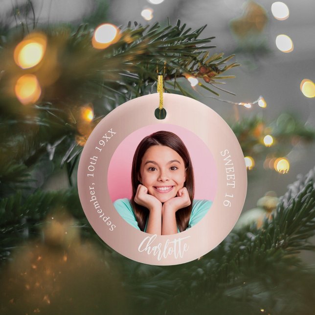 Rose gold blush custom photo Sweet 16 Ceramic Tree Decoration (Creator Uploaded)