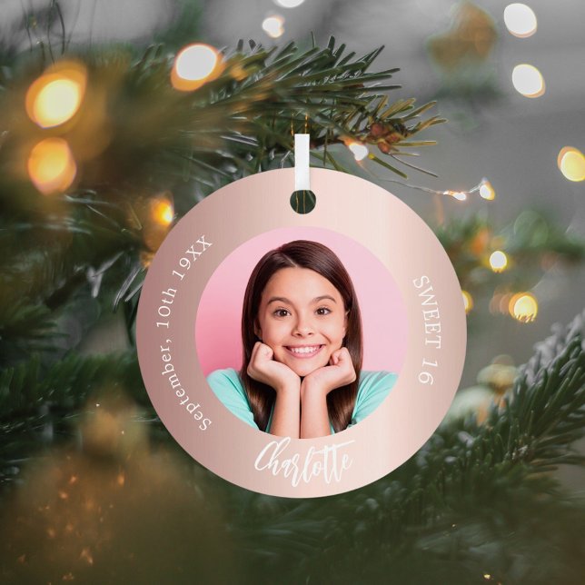 Rose gold blush custom photo Sweet 16 Metal Tree Decoration (Creator Uploaded)