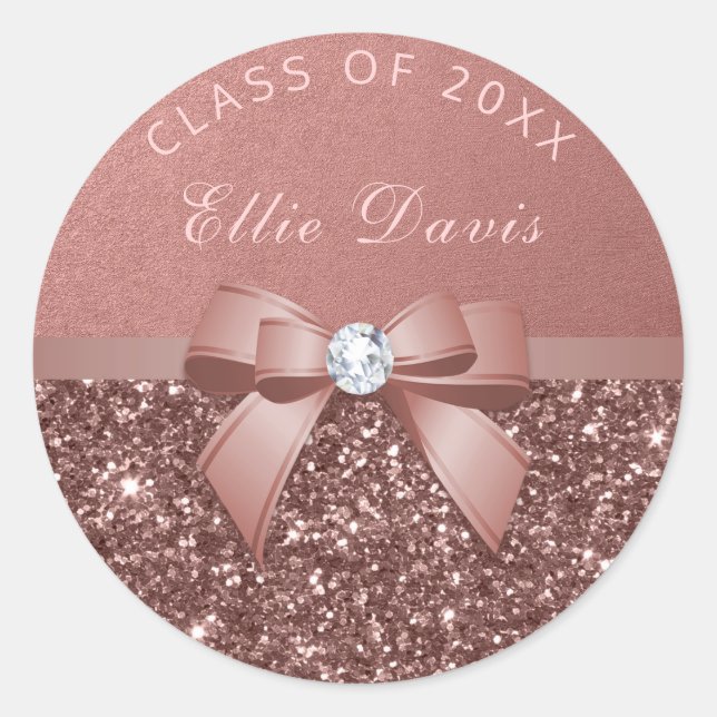 Rose Gold Blush Diamonds Bow Glitter Graduation Classic Round Sticker (Front)