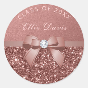 Rose Gold Blush Diamonds Bow Glitter Graduation Classic Round Sticker