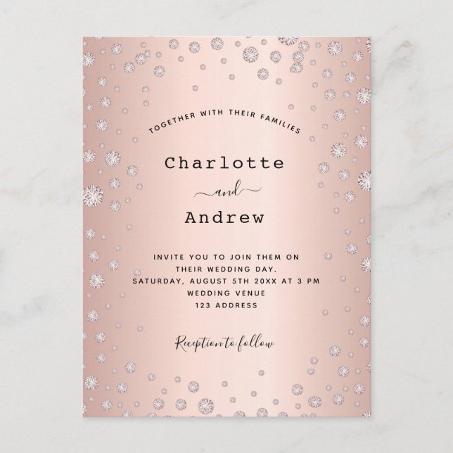 Rose gold blush diamonds wedding invitation postcard (Front)
