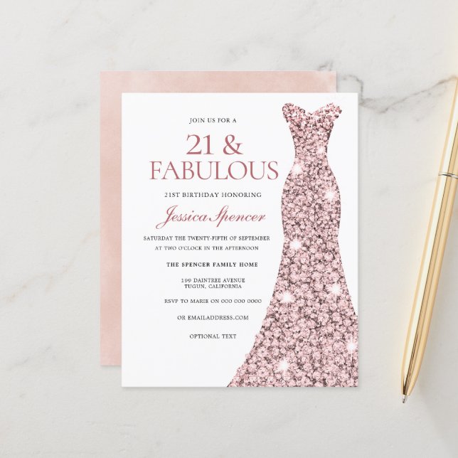 Rose Gold Blush Dress 21st Birthday Budget Invite (Front/Back In Situ)