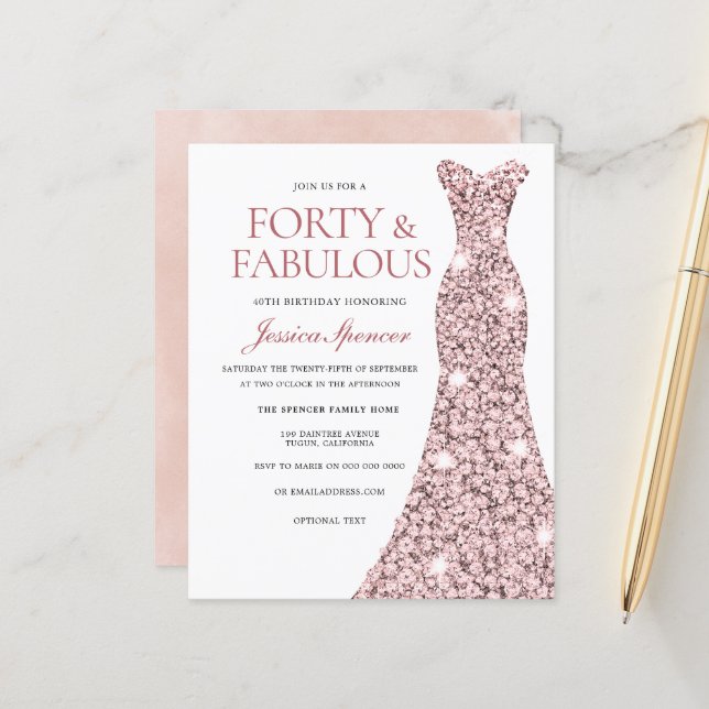 Rose Gold Blush Dress 40th Birthday Budget Invite (Front/Back In Situ)