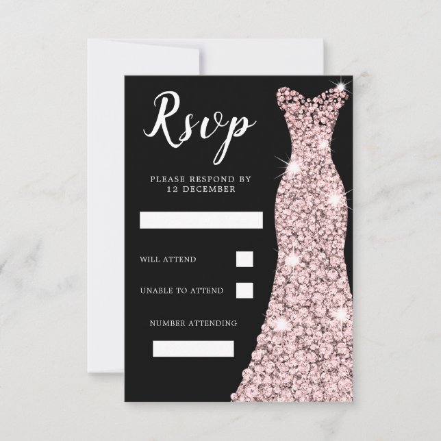 Rose Gold Blush Dress Birthday Party Bridal Black RSVP Card (Front)