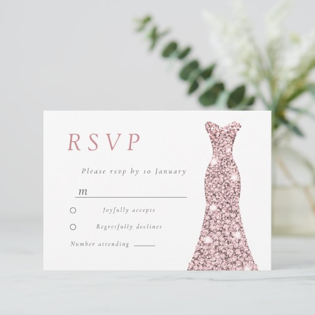 Rose Gold Blush Dress Bridal or Birthday  RSVP Card (Standing Front)