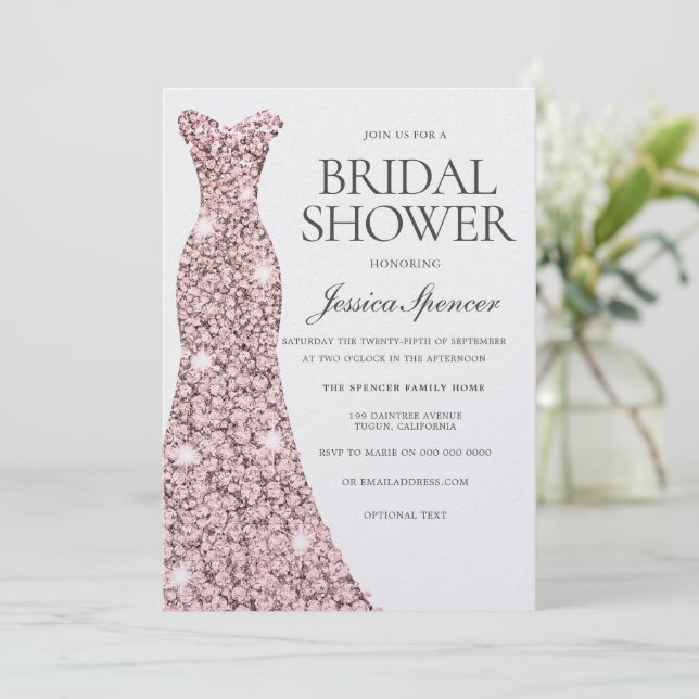 Rose Gold Blush Dress Pearl Shimmer Bridal Shower Invitation (Standing Front)