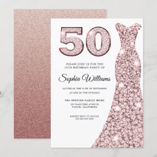 Rose Gold Blush Dress Womans 50th Birthday Party Invitation