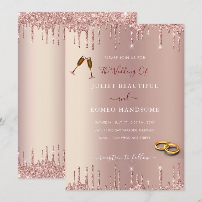 Rose Gold Blush Drips Modern Wedding Invitation (Front/Back)