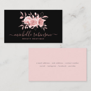 Rose Gold Blush Feminine Floral Script Black  Business Card