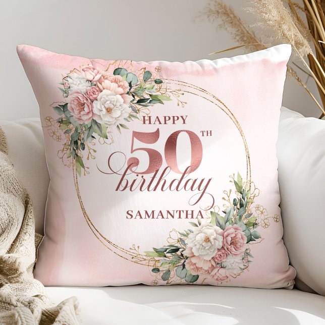 Rose Gold Blush Floral 50th Birthday Pillow Gift (Rose gold floral 50th birthday,
dusty pink blush gold glitter,
opulent Soft pastel   pink flowers, 
)