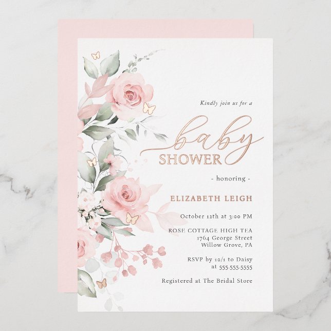 Rose gold Blush Floral Butterfly Baby Shower  (Front/Back)