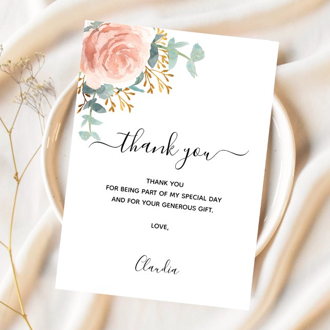 Rose gold blush floral eucalyptus greenery thank you card (Creator Uploaded)