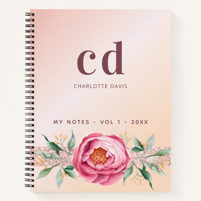 Rose gold blush floral glitter name monogram notebook (Front)