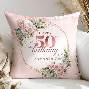 Rose Gold Blush Floral Greenery 50th Birthday Cushion