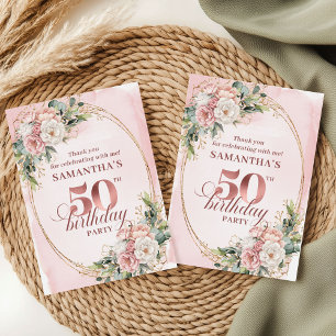 Rose Gold Blush Floral Greenery 50th Birthday   Thank You Card