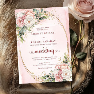 Rose Gold Blush Floral Greenery Wedding Invitation