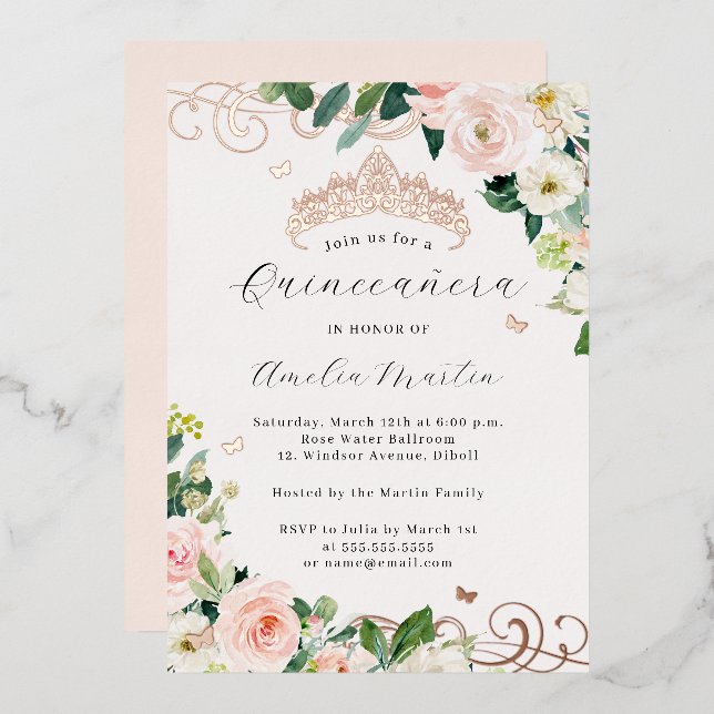 Rose Gold Blush Floral Swirl Quinceanera   (Front/Back)