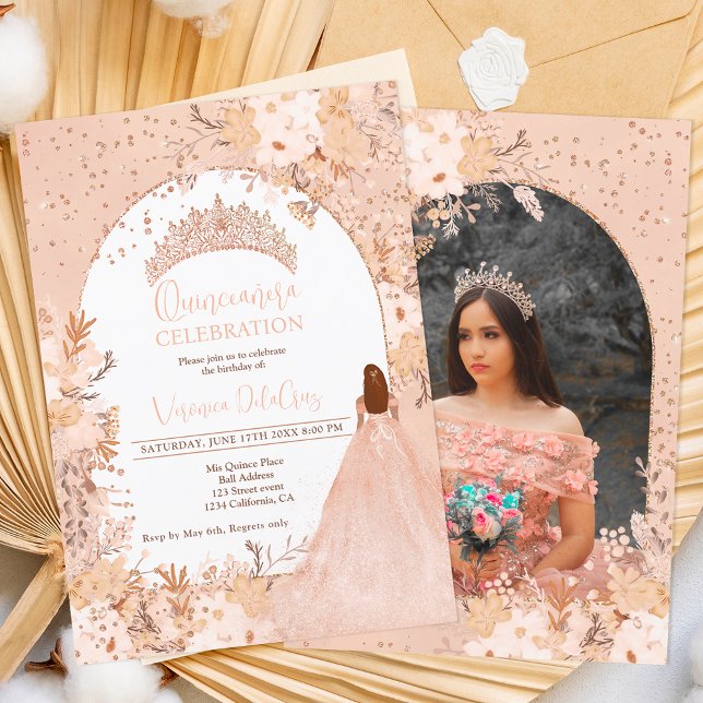 Rose gold blush floral tiara princess Quinceanera Invitation (Creator Uploaded)