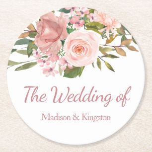 Rose Gold & Blush Floral Wedding Round Paper Coaster