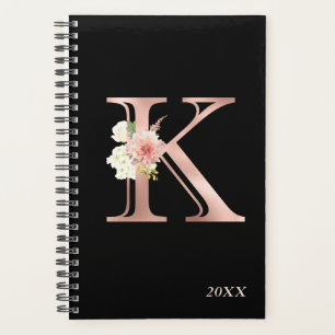Rose Gold Blush Floral Yearly Monogram Letter K Planner