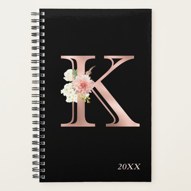 Rose Gold Blush Floral Yearly Monogram Letter K Planner (Front)