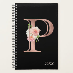 Rose Gold Blush Floral Yearly Monogram Letter P Planner