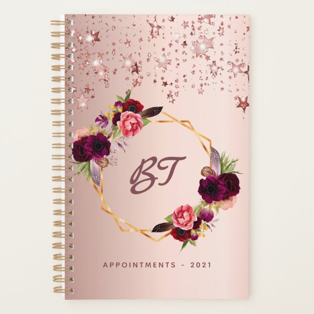Rose gold blush florals stars monogram planner (Front)