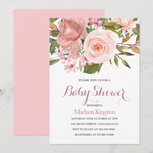 Rose Gold & Blush Flowers Baby Shower Invite (Front/Back)