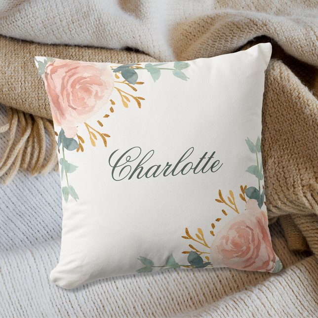 Rose gold blush flowers greenery name script cushion (Creator Uploaded)