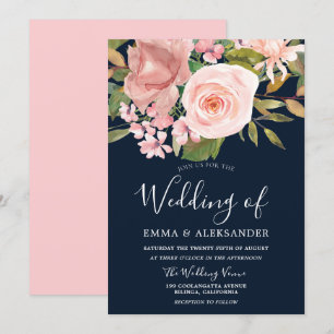 Rose Gold Blush Flowers Navy Wedding Invitation