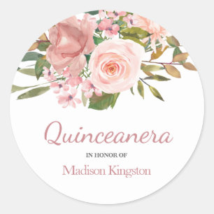Rose Gold & Blush Flowers Quinceanera Favour Classic Round Sticker