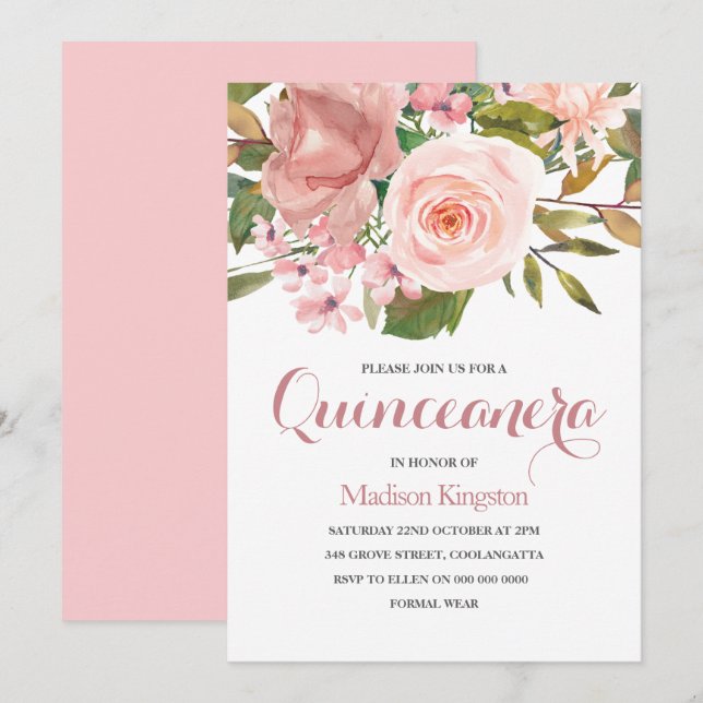 Rose Gold & Blush Flowers Quinceanera Party Invite (Front/Back)