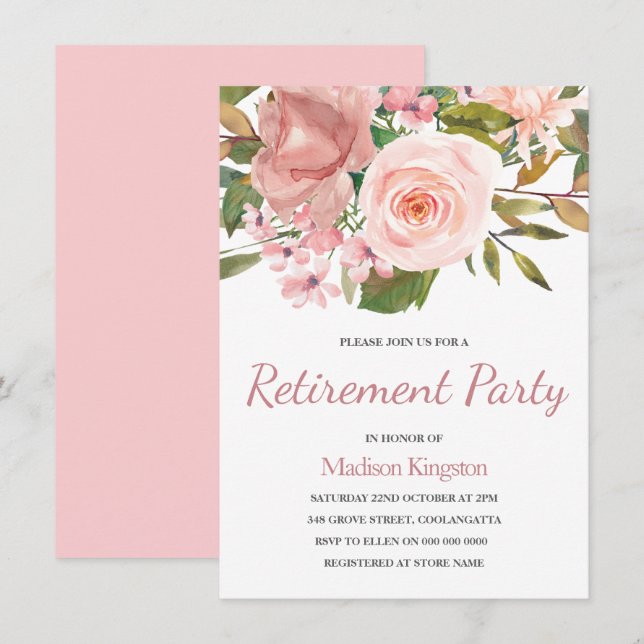 Rose Gold & Blush Flowers Retirement Party Invite (Front/Back)